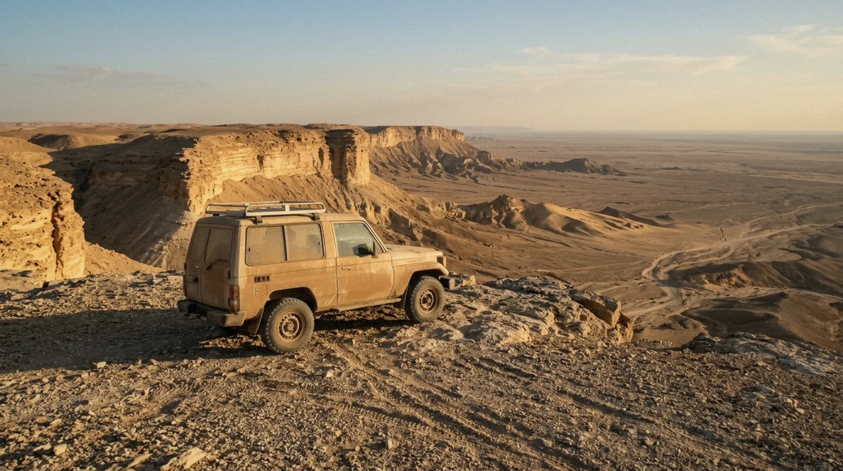 A rented 4x4 parked at the edge of the paved road where the unmarked desert track begins toward the Edge of the World near Riyadh