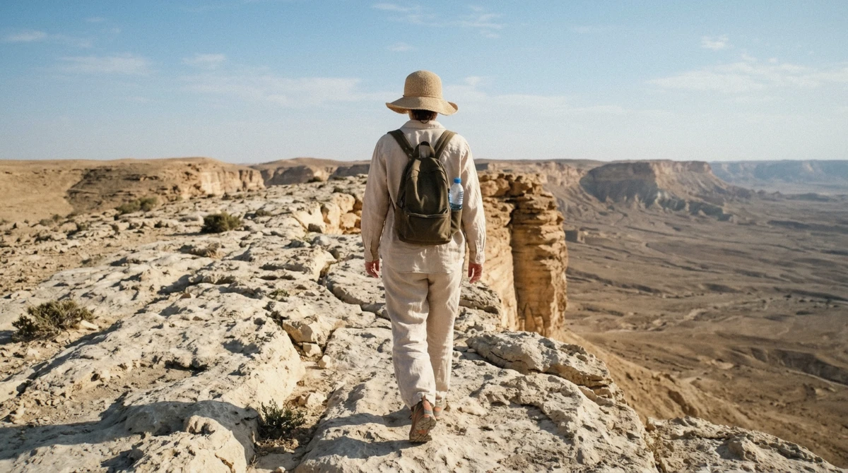 A traveller's day pack, hiking shoes and a light layer laid out on rock, packed for an Edge of the World Riyadh dress code trip